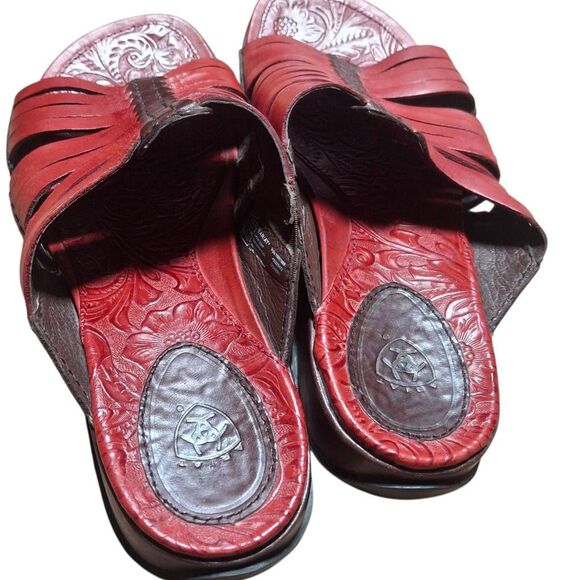Ariat Costa Chili Sandals Women’s 8.5 Burnt Red Tooled Leather Slip-On Western - Picture 4 of 7